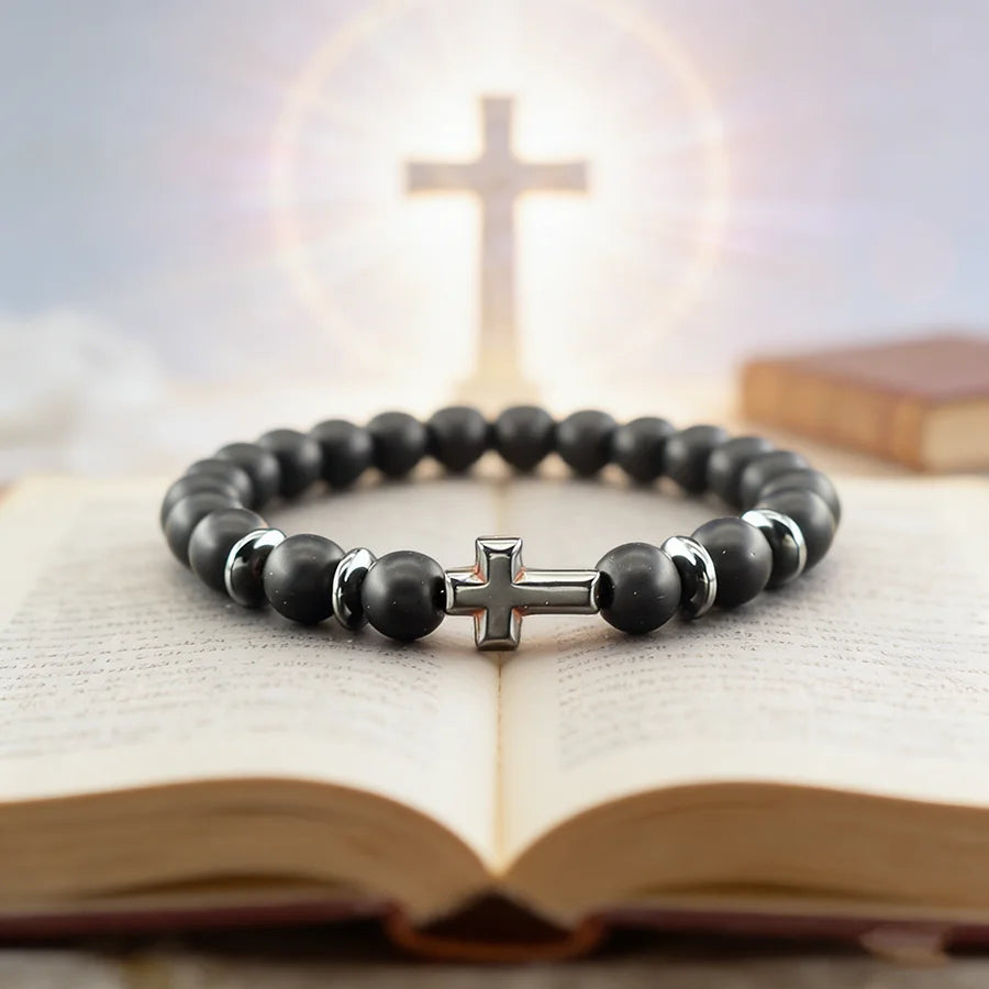 Charm Natural Stone Bracelet Cross Black Lava Matte Beaded Bracelet Handmade Men Women Prayer Fitness Chain Couple Jewelry Gift