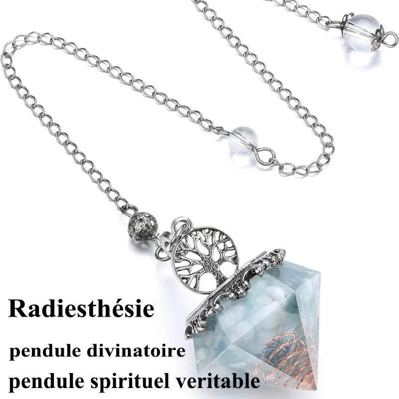 Orgone Aquamarine Crystal Pendulum Reiki Natural Stone Pendant Tree of Life Pendulum for Dowsing Scrying Divination Pendulo X029