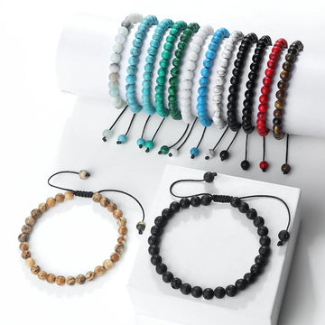 Adjustable 6mm Natural Stone Bracelet Healing Energy Black Lava Malachite Cat Eye Stone Wooden Beads Bangle Men Women Jewelry