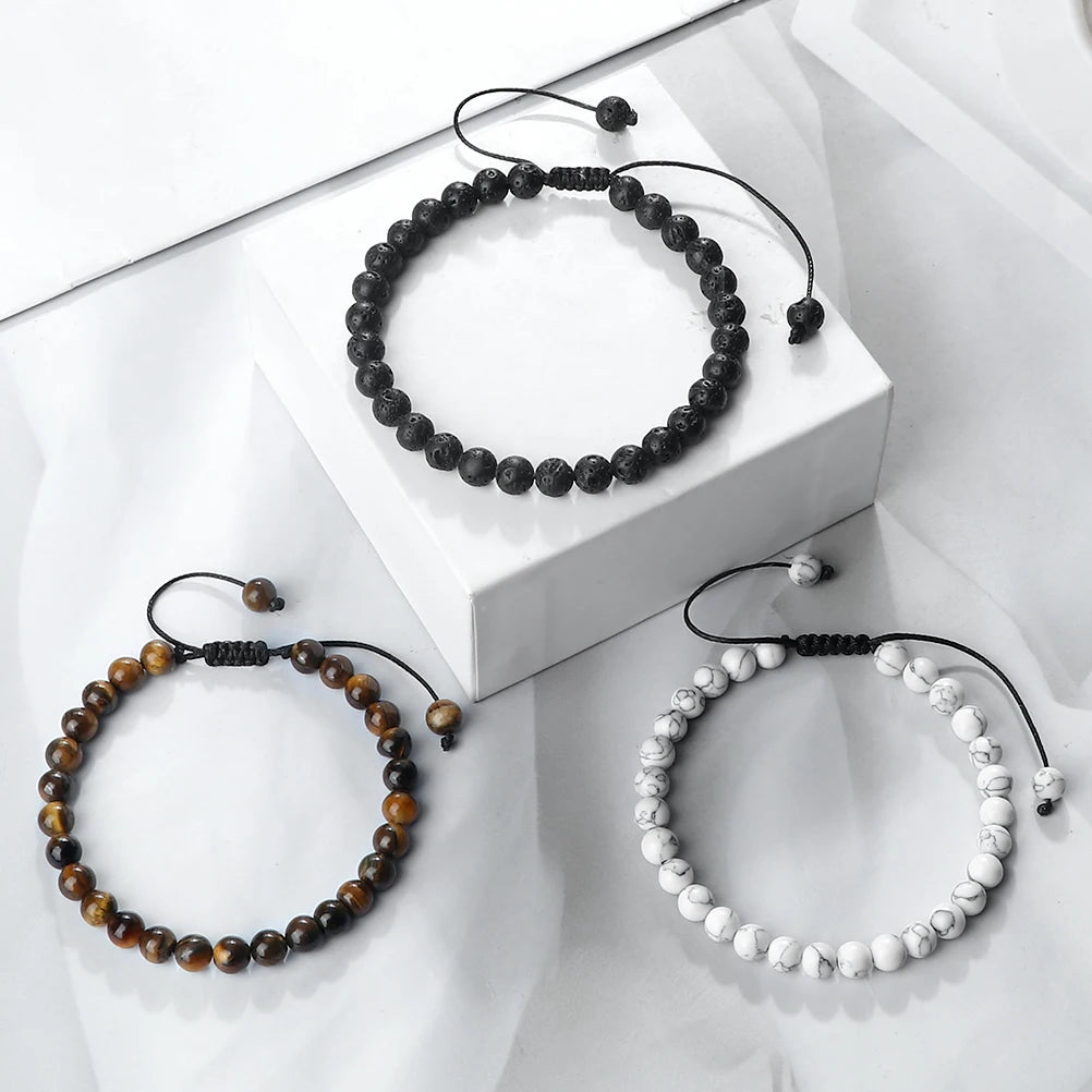 Adjustable 6mm Natural Stone Bracelet Healing Energy Black Lava Malachite Cat Eye Stone Wooden Beads Bangle Men Women Jewelry
