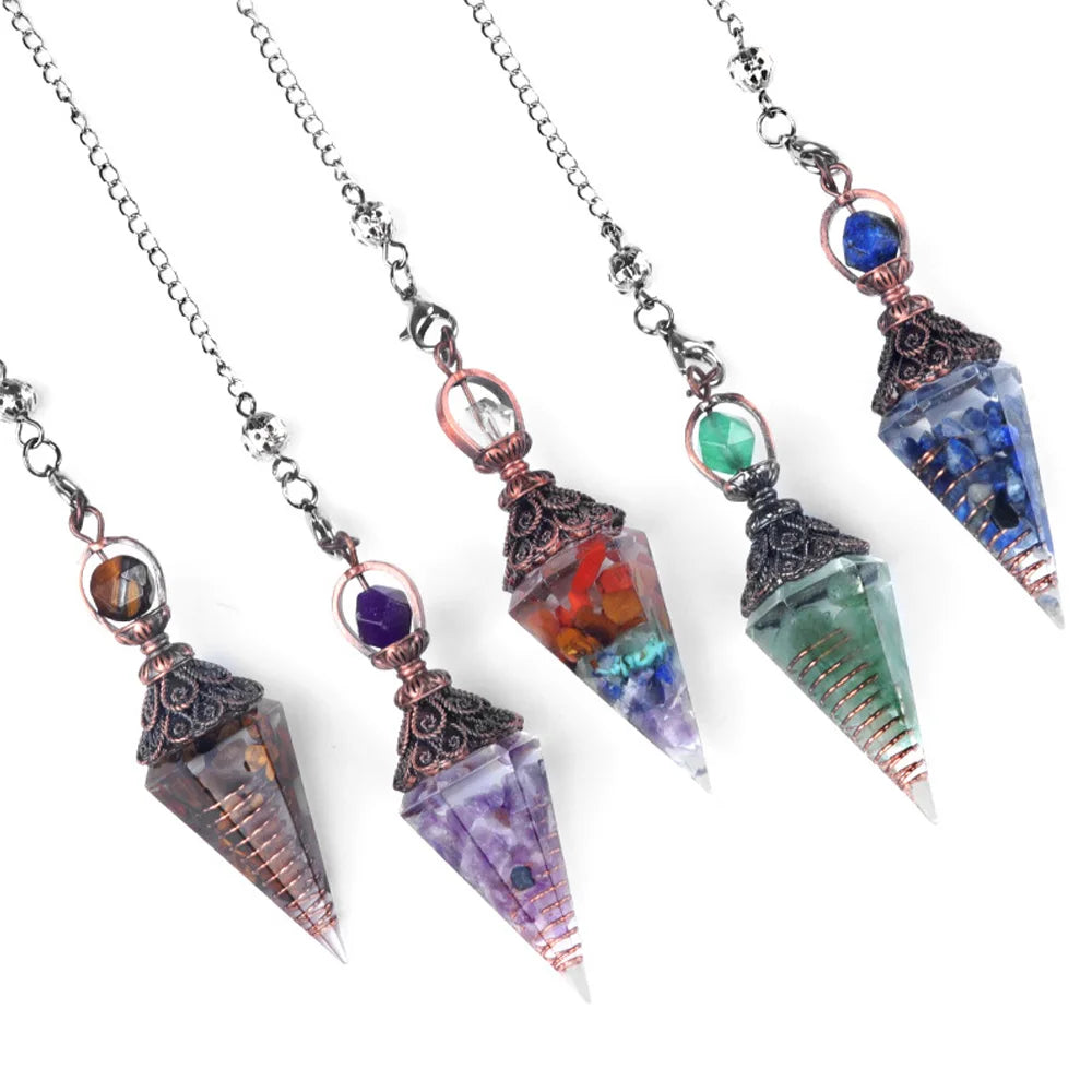 Natural Stone Crystal Pendulum Necklaces Hexagonal Cone Crushed Stone Amethysts Rose Quartz Chakra Pendant Jewelry Accessories
