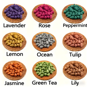 50Pcs Natural Backflow Incense Cones - Various Scents, Lavender, Sandalwood, Jasmine, Rose, Etc. for Indoor Yoga, Outdoor Camping, Perfect for Waterfall Incense Burners, for House Cleaning, Yoga, Tea Room, Home or Office Use