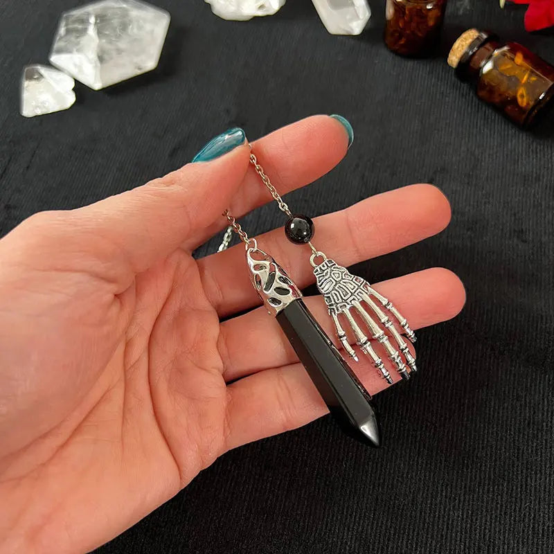 Healing Natural Stone Pendant Black Obsidian Crystals Pendulum for Divination Dowsing Vintage Gothic Hand Chain Pendulos X191