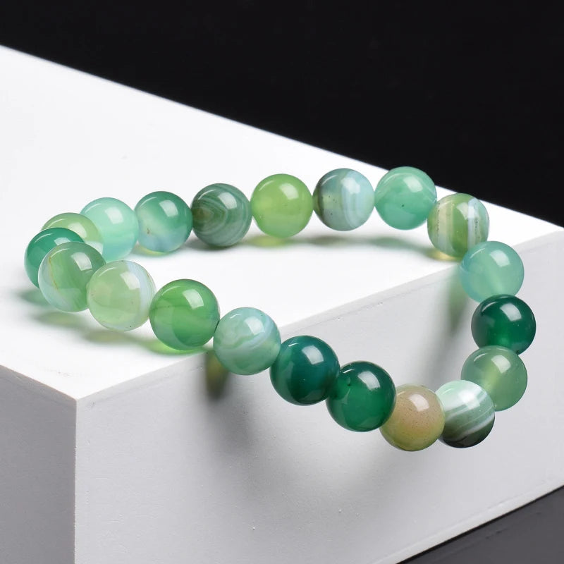 Natural Green Stripes Agates Beads Bracelet Women Men Polish Round Green Carnelian Genuine Natural Stone Beads Healing Jewelry