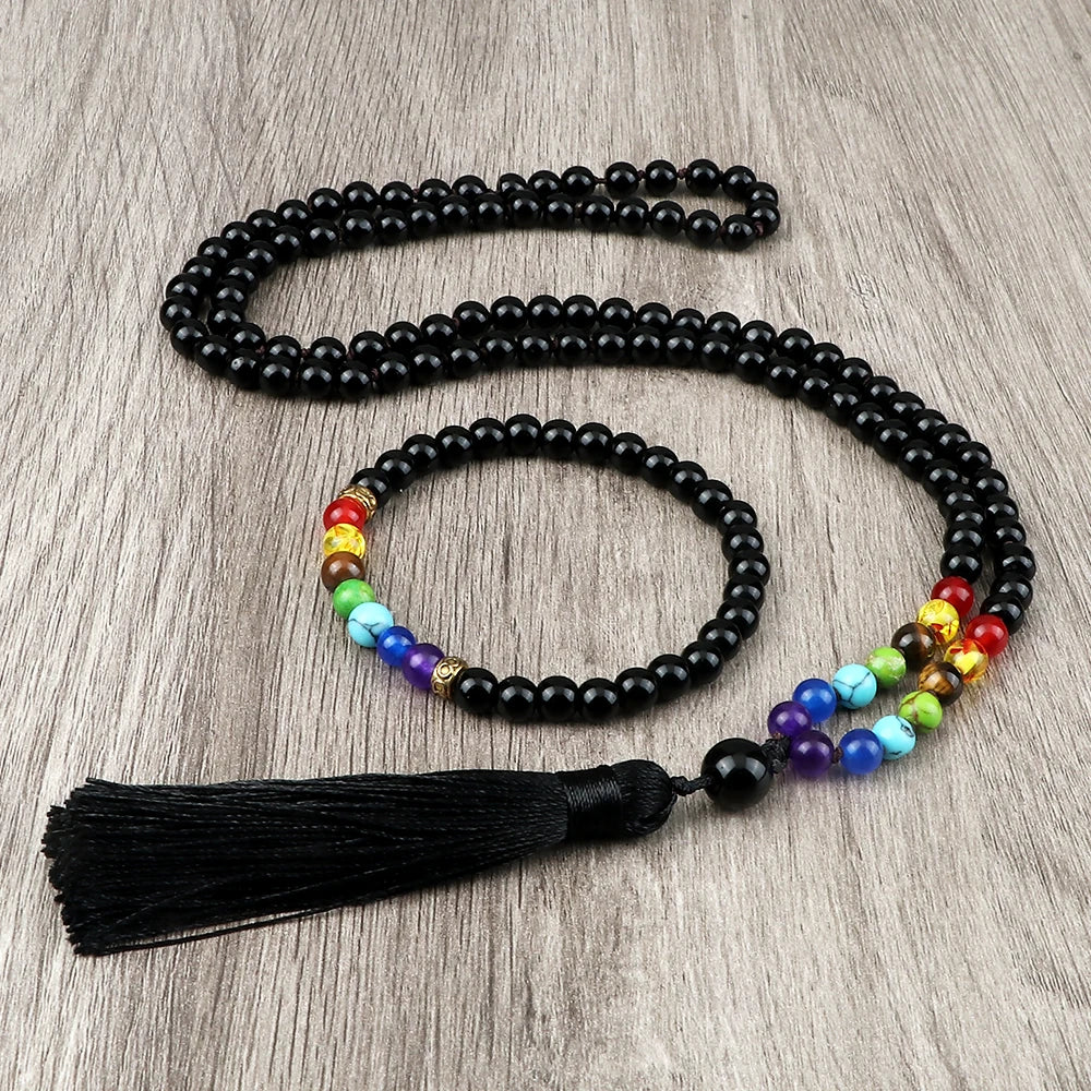 7 Chakra 108 Mala Beads Knotted Necklace Shiny&Matte Black Onyx Men Bracelet Fashion Women Tassel Rosary Meditation Jewelry Set