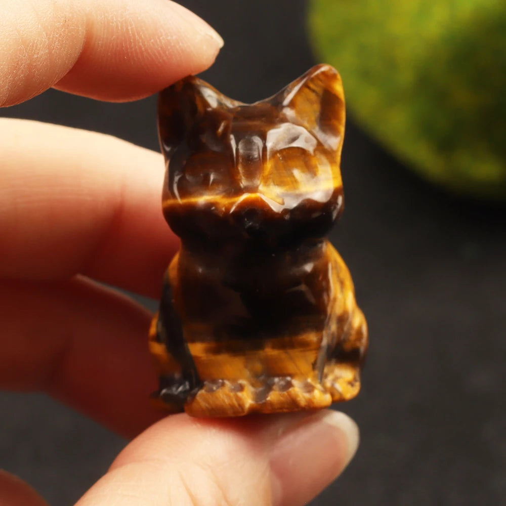 Hand Carved Tiger Eye Cat Energy Stone Wild Animal Pet Figurine Crystal Kitten Craft Chakra Healing Home Garden Decor 1.5"