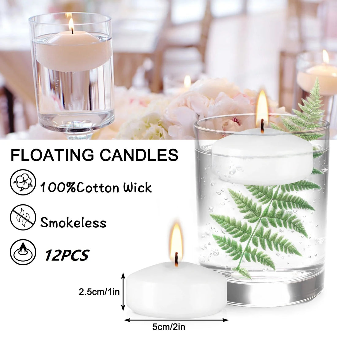 12 Pcs 2inch White Floating Candles 5-6 Hours Burning Time, Floating Candles, Romantic Night, Portable Small Candle Set, Suitable for Travel, Yoga, Bathing, Spa, Family, Wedding, Party, Seasonal Celebration and Home Decoratio