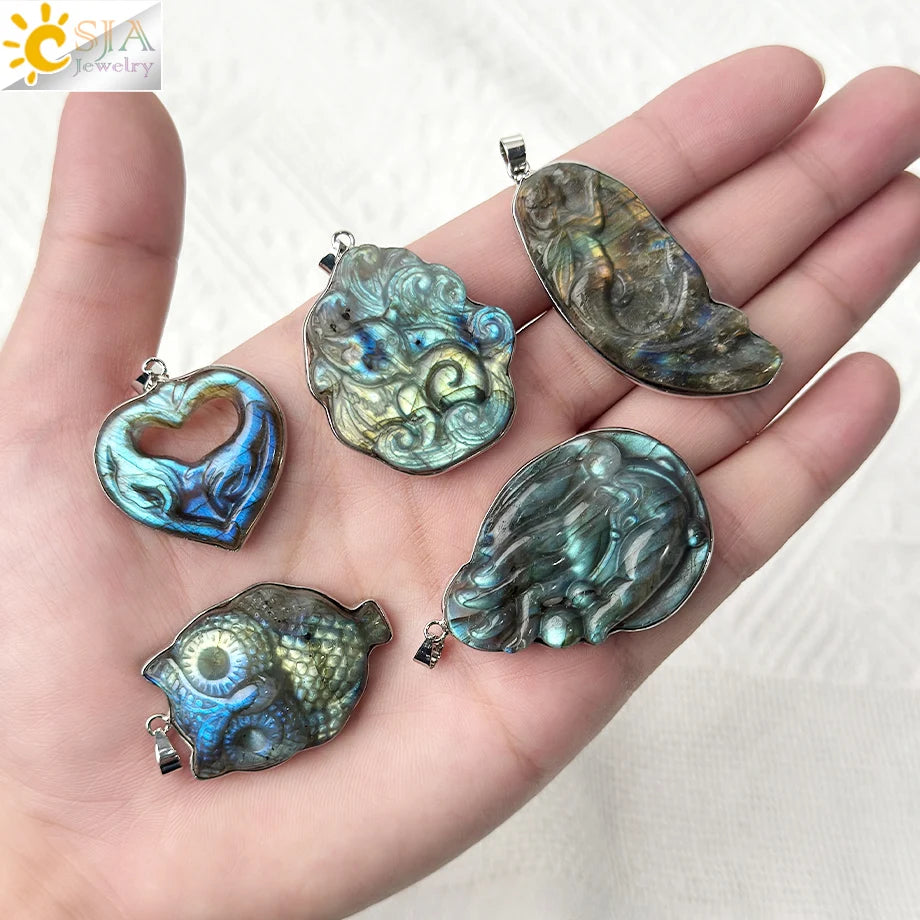 Rainbow Blue Labradorite Crystal Pendant for Necklace Natural Stone Handmade Carved Owl Fox Charms Pendant Jewelry Making H480