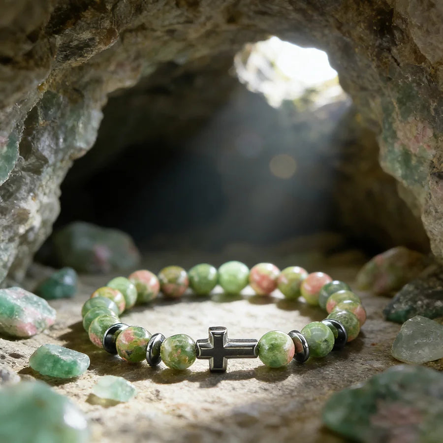 Men Natural Stone Bead Cross Bracelet Onyx Meditation Bracelet Women Yoga Meditation Jewelry Jesus Prayer Handmade Bangle Gift