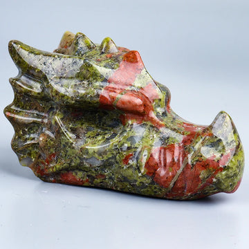 Big Size Natural Unakite Dragon Skulls Figurine, Healing Blue Jade, Hand Craved Animal Statue, Crystal Craft Chakra Decor, 3"