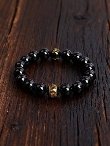 Onyx Beads Protection & Vigour Buddhist Bracelet Heart Sutra Six True Words Natural Stone Prayer Beads for Men Calmness Jewelry
