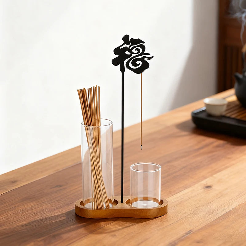 Chinese Fu Incense Holder Anti-Ash Flying Incense Burne with Glass Ash Catcher and Incense Sticks Organizer Home Decor