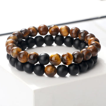 2 Pcs/set Fashion Couple Tiger Eye Stone Bracelets Bangles Classic Black White Natural Lava Stones Charm Bead Bracelet Women Men
