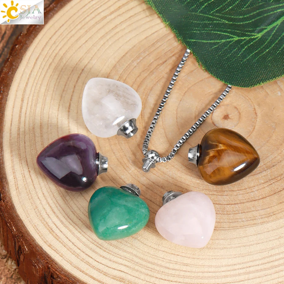 Natural Stone Crystal Perfume Bottle Necklace Healing Amethysts Heart  Pendant Reiki Essential Oil Diffuser Necklace Women H410