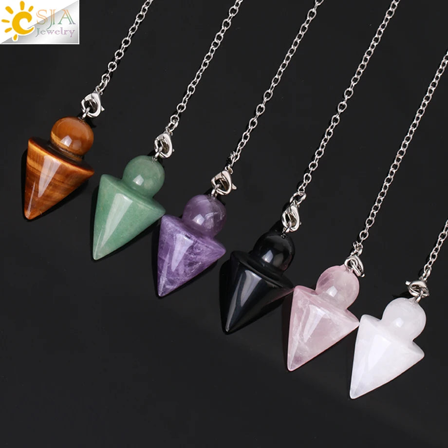 Natural Stone Cone Pendulum Silver Color Chain Crystal Pendant for Divination Dowsing Pink Quartz Spiritual Reiki Pendulo S975