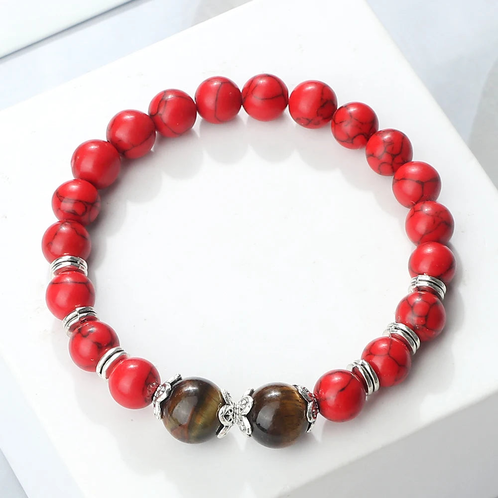 Minimalist Red Synthetic Turquoise Beads Bracelet with 10mm Tiger Eye Stone Black Lava Onyx Stretch Bangles Yoga Meditation Gift