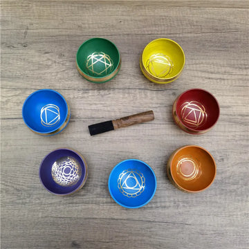 Nepal Copper Tibetan Singing Bowl Set of 7 Chakra Semi-Handmade Yoga Meditation Colored Bowl Ear Picking Chime Healing Gift 8CM