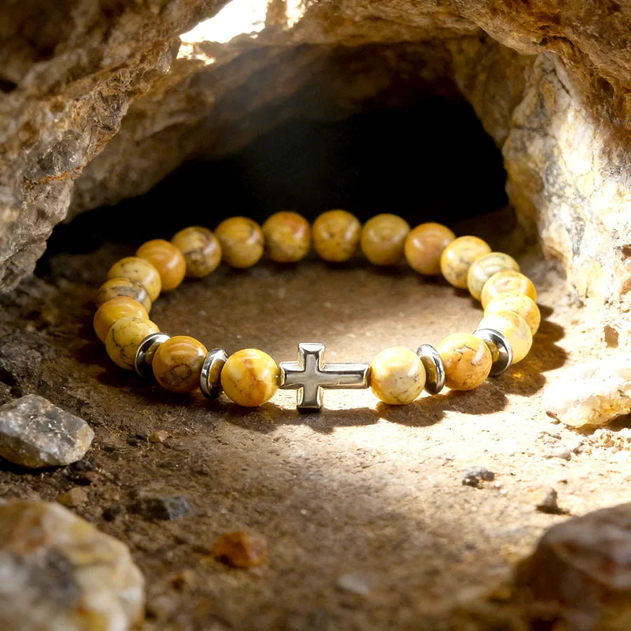 Jesus Prayer Natural Picture Stone Bracelet Men Women Rosary Hematite Cross Bracelet Onyx Yoga Meditation Bracelet Women Jewelry