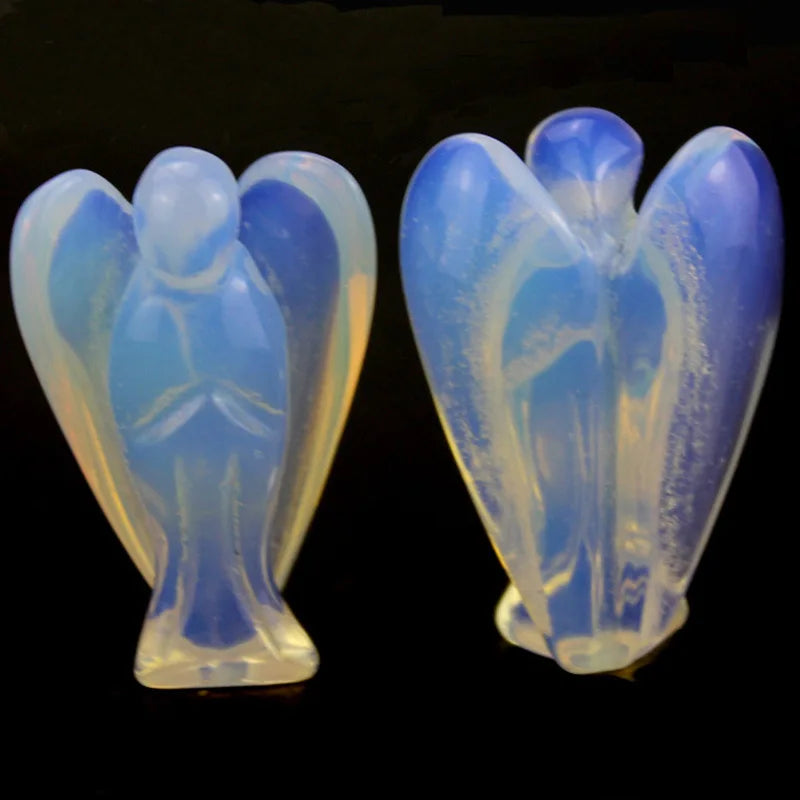 Hand Carved Gemstone Angel Figurine Natural Stone Jade Opalite Mini Animal Statue Crystal Craft Chakra Meditation Home Decor