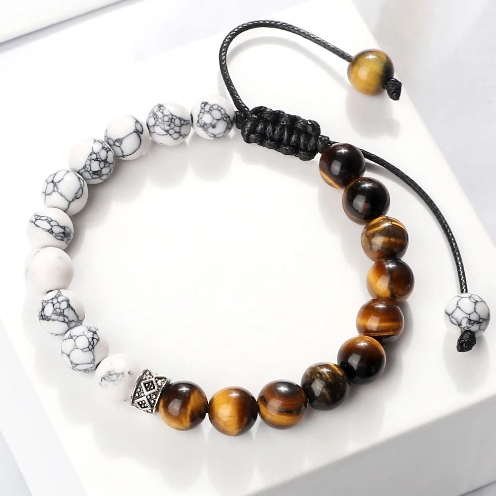 Men White Natural Stone Bracelets Handmade Agate Blue Sandstone Black Lava Tiger Eye Beads Bangles Energy Wristband Jewelry Gift