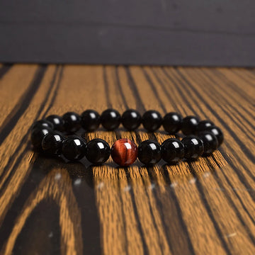 Natural Black Agates With Single Red Tiger Eye Stone Bead Bracelet for Men Gifts 6 8 10 12 MM Round Onyx Elastic Rope Bracelets