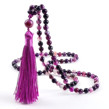 108 Mala Beads Necklace Natural Stone Striped Agate Blessing Meditation Tassel Long Chain Bohemian Prayer Jewelry for Women Men