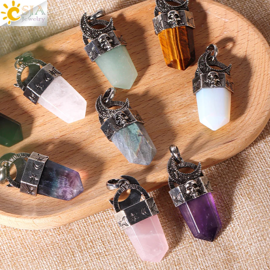 Vintage Natural Stone Necklace Pendant for Men Skull Reiki Moon Pendant Healing Amethysts Labradorite Crystal Necklaces H464