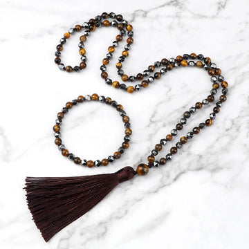 108 Japamala Beads Necklace Natural Tiger Eye Stone Hematite Bracelets & Necklaces Health Protection Yoga Meditation Jewelry Set