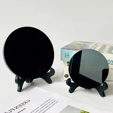 Natural High Quality Black Obsidian Scrying Mirror Healing Crystals Stone Round Plate Witchcraft Mirror Crystal Decor With Shelf