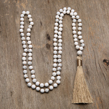 6mm Natural Stone Beaded Knotted 108 Japa Mala Necklace Meditation Yoga Prayer Tassel Jewelry For Women
