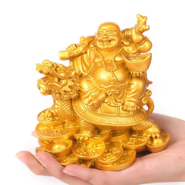Resin God of Wealth Laughing Buddha Statue，Modern Art Sculpture，Chinese Home Feng Shui Dragon Turtle Decoration Figurines Statue