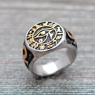 Vintage Egyptian Eye of Horus Ring Mysterious Ancient Egypt Text Symbol Ankh Rings for Men Stainless Steel Punk Jewelry Gift