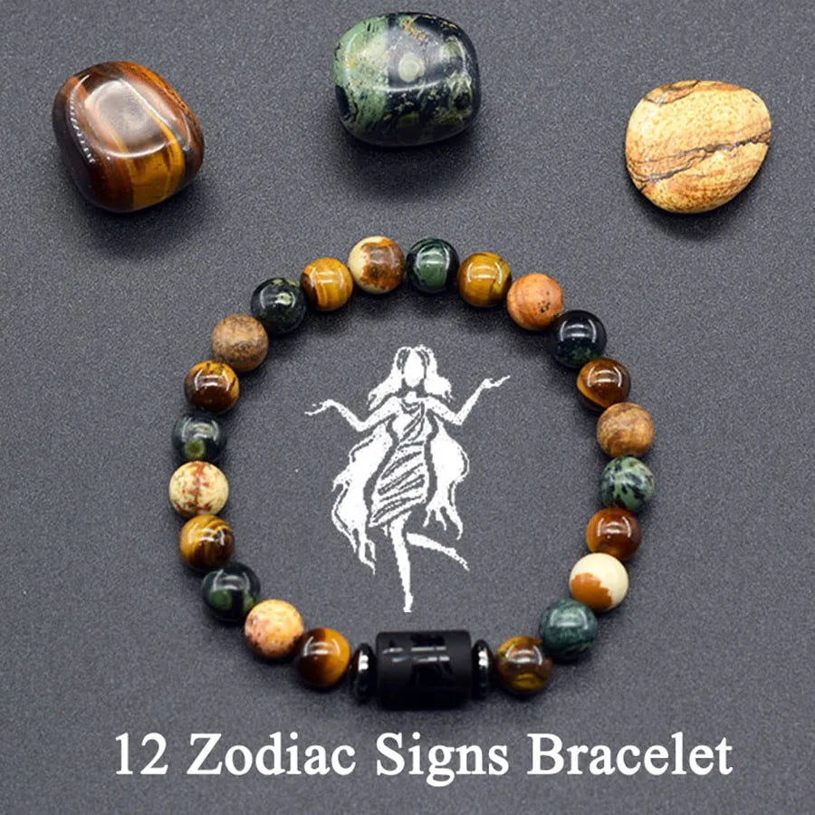 12 Zodiac Constellation Signs Bracelets for Men Women Real Natural Tiger Eye Sparrow Picture Stone Bead Bracelet Leo Taurus Gift