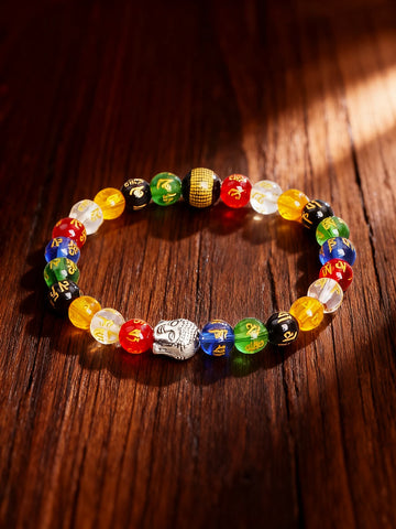 Colorful Crystal Six Syllable Mantra Beads Bracelet Natural Stone Prajna Paramita Heart Sutra Retro Buddha Head Energy Jewelry