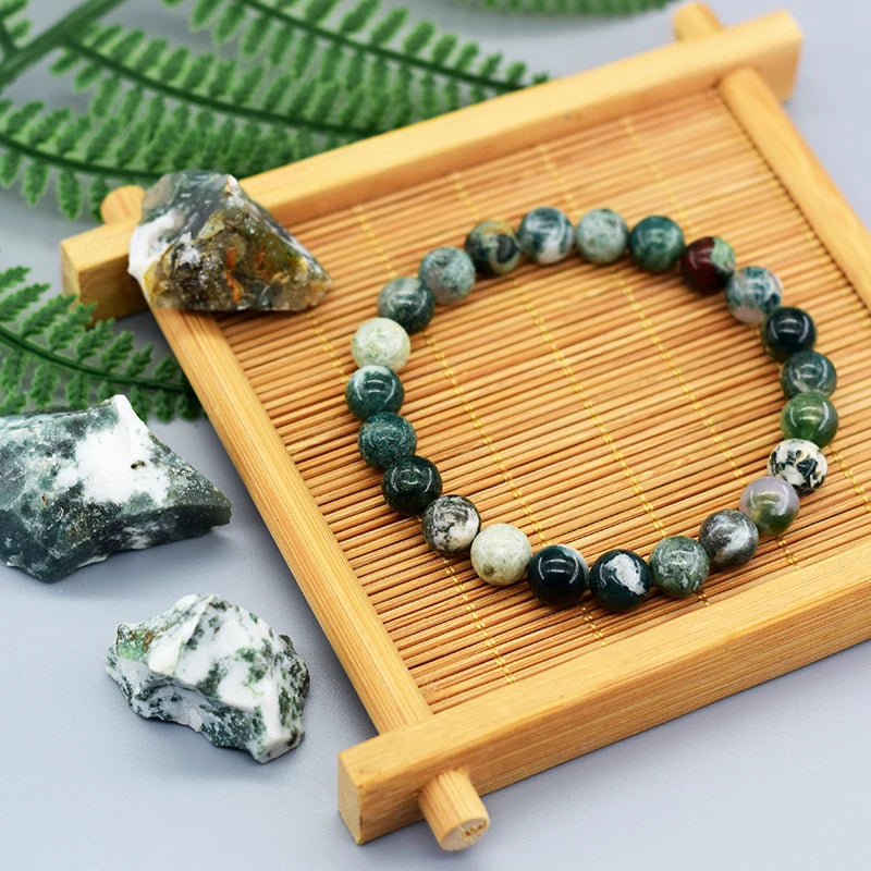 Real Natural Tree Patterned Agate Stone Beaded Bracelet Men Women Natural Lapis Lazuli Moss Agate Jade Energy Healing Jewelry