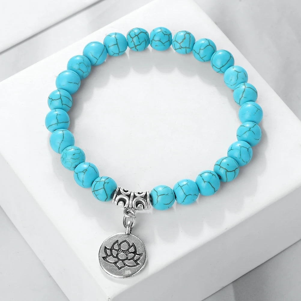 Charm Lotus Pendant Bracelet Tiger Eye Stone Malachite Beaded Bracelet for Women Men Mala Yoga Bangles Friendship Jewelry Gift