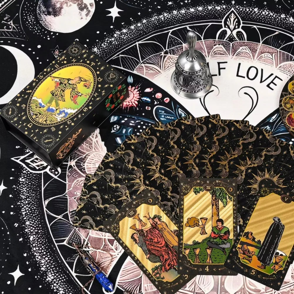 Black Gold Gilded Mystic Tarot Deck, 12*7cm Divination Tool with Luxury Finish 78 Pcs Waterproof Cards Based on Rider System