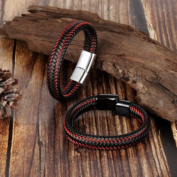 Leather Cord Bracelet Stainless Steel Leather Braided Bracelet Genuine Leather Bracelet Red Bracelet Men'S Cowhide Jewelry