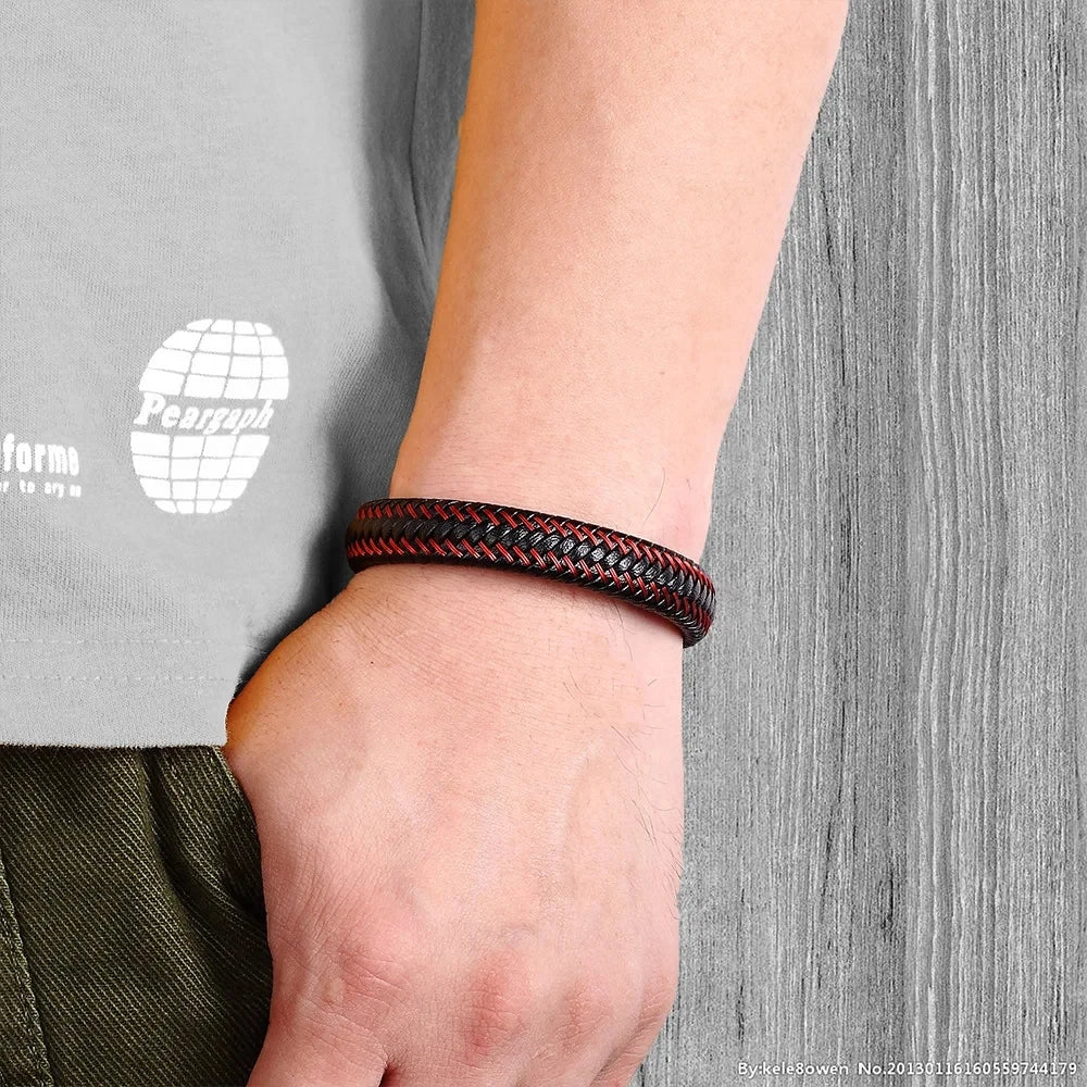 Leather Cord Bracelet Stainless Steel Leather Braided Bracelet Genuine Leather Bracelet Red Bracelet Men'S Cowhide Jewelry