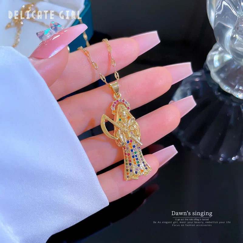 Fashion  Holy Death Multicolor Zircon Reaper and Scythe Pendant Necklace for Women for Men Classic Reaper Titanium Steel Jewelry