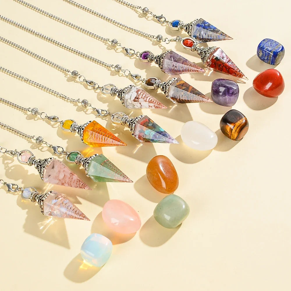 2PCS Healing Crystal Dowsing Pendulum and Stone Resin Spiritual Pendant for Divination, Wicca, Energy Balancing