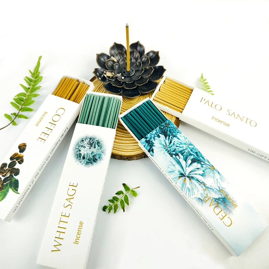 A Set of 128 Incense Sticks, with Four Scents: Coffee, Cedar, Sandalwood, and Sage. Each Incense Stick Is 12cm cm Long, 2.7 mm in Diameter, and Made from Natural Ingredients. Perfect for Yoga and Meditation, Freshens the Air.