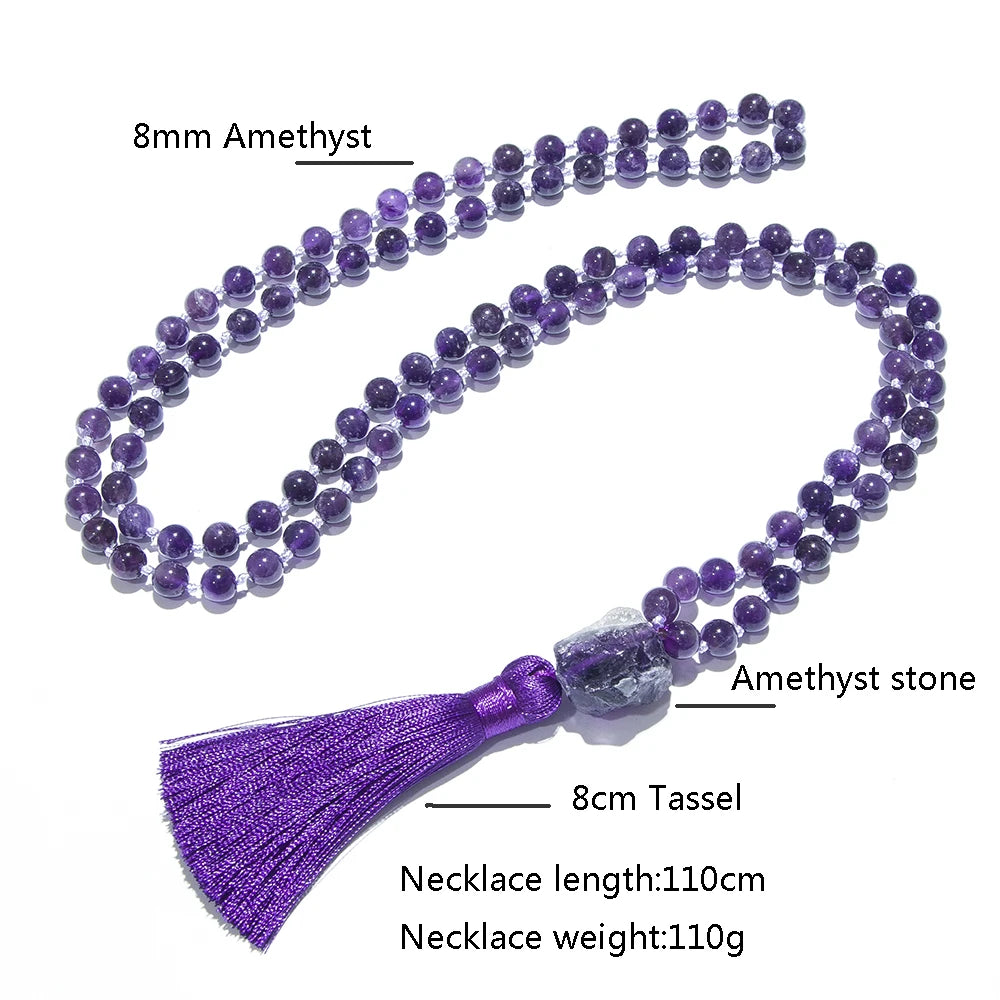8mm Natural Amethyst Knotted Beaded 108 Mala Beads Necklace Meditation Yoga Prayer Rosary with Big Stone Guru Bead Jewelry
