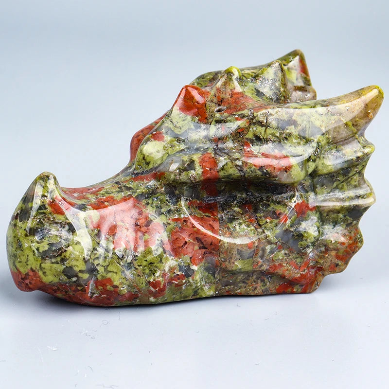 Big Size Natural Unakite Dragon Skulls Figurine, Healing Blue Jade, Hand Craved Animal Statue, Crystal Craft Chakra Decor, 3"