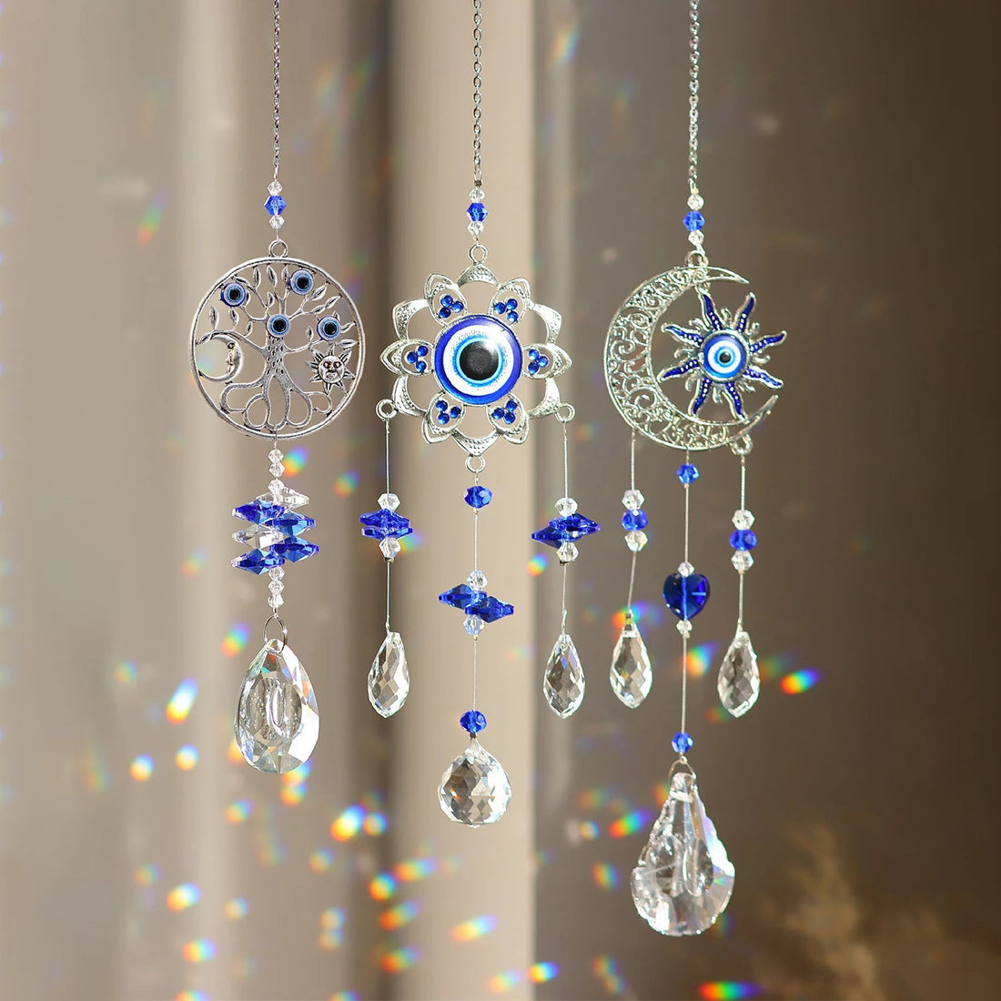 1Pc Evil Eye Moon Tree of Life Crystal Suncatcher Pendant for Home Indoor DIY Wind Chime Hanging Window Decoration Pendant