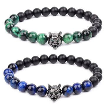 Bracelet Men Black Matte Agates Bead Vintage Yellow Red Blue Tiger Eye Natural Stone Hand Medieval Wolf Head Accessories Jewelry