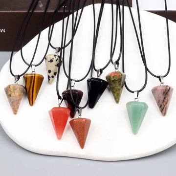Natural Stone Hexagonal Cone Spirit Pendulum pendant necklace Set Healing meditation Protection Stone Love Pendant  Necklaces