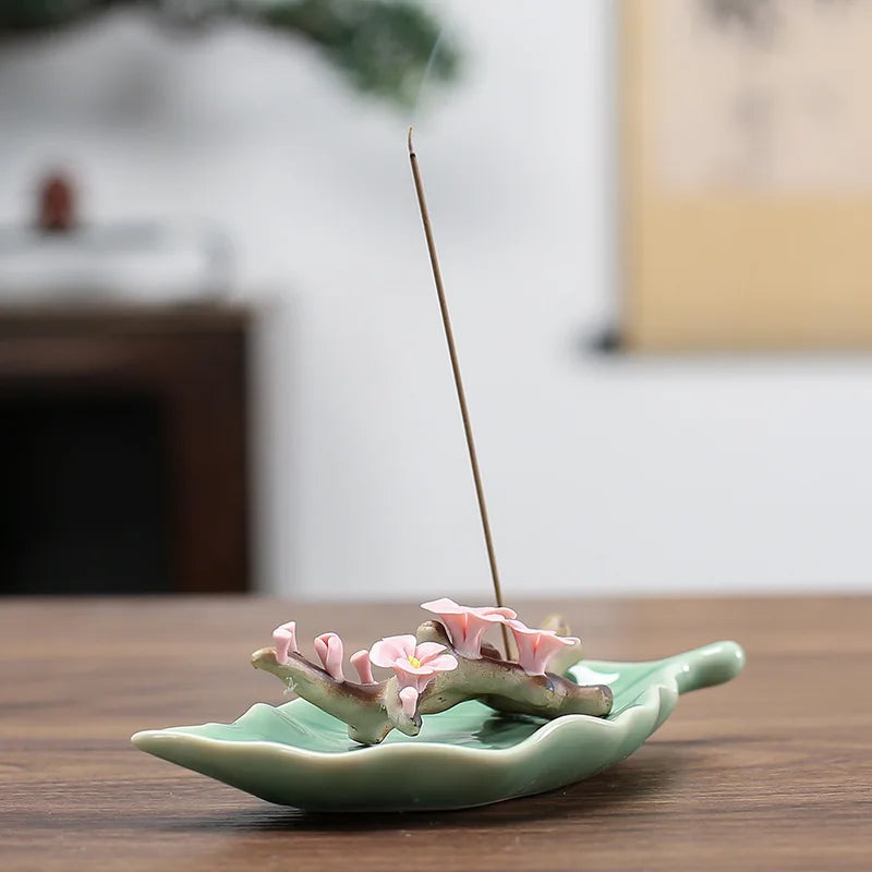 Home decoration accessories: Peach Blossom Sleeping Incense Seat,Living Room Decoration: Handmade Flower+Leaf Base Incense Stand