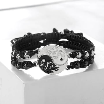 2pcs/set Dragon Tai Chi Bracelet White & Black Yinyang Couple Adjustable Handmade Braided Bangles for Women Men Prayer Jewelry