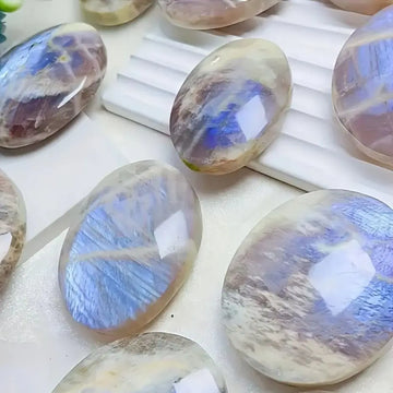 1pc Natural Blue Moonstone Palm Crystal Oval-Cut with Iridescent Smooth Polished Surface for Jewelry Making Home Decor